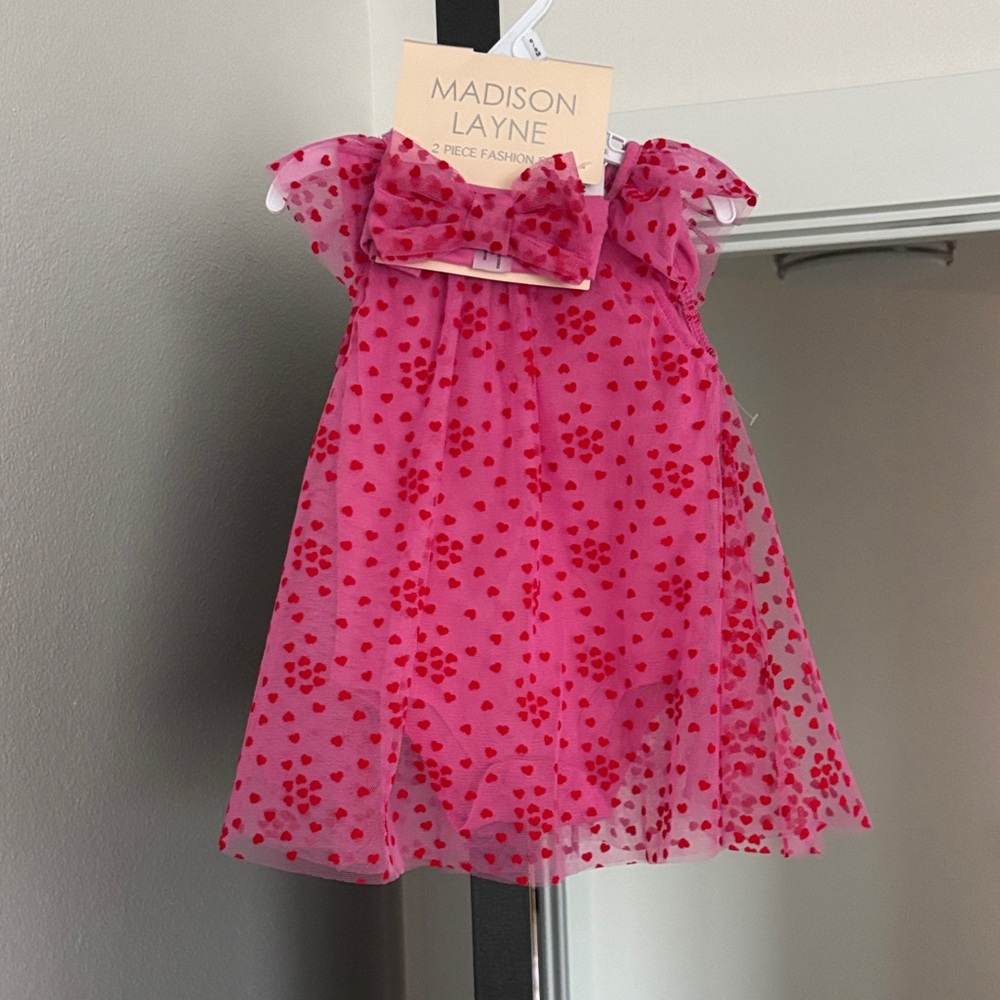 6-9 Month Madison Layne Baby Pink Dress with Red Hearts